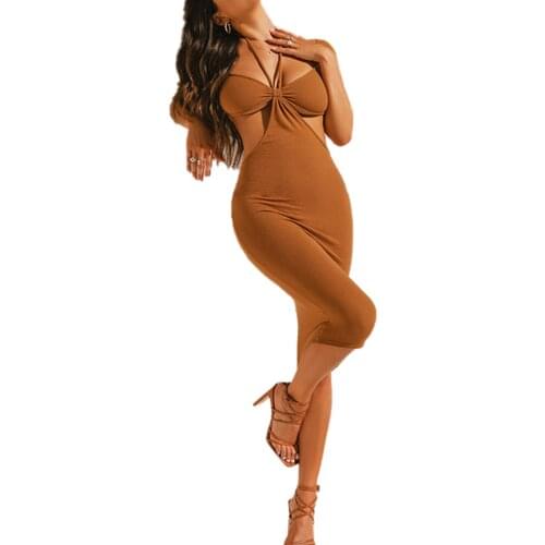 Y2K Women Close-fitting Hollow Out Dress Brown Solid Color Halter Neck Short Sleeve S/ M/ L