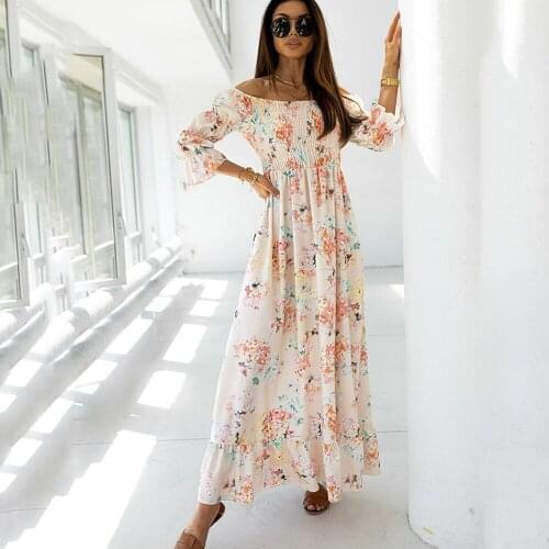 Spring And Autumn Womens Sexy Strapless Fashion Tube Top Print Lotus Leaf Seven Points Sleeve Ladies Long Waist Dresses 2021