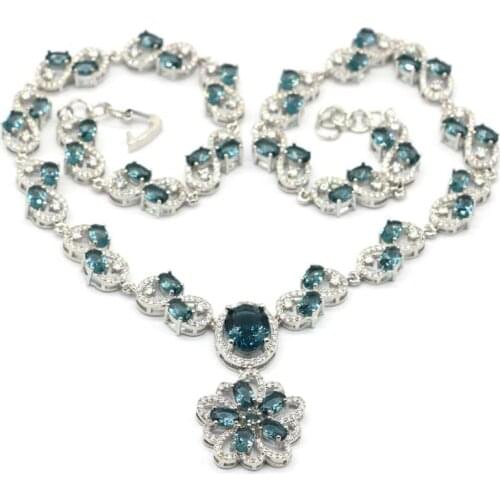 48x14mm Highly Recommend 33g Created London Blue Topaz For Ladies Bride Wedding Dating Silver Necklace 18-20inch Eye Catching