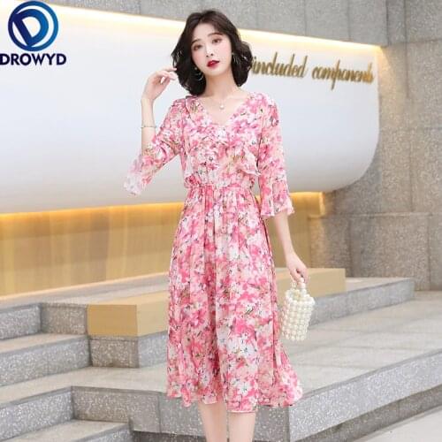 Fashion Long Chiffon Dress Women Boho Pink Floral Print Dress Midi Summer 2021 Elegant A-line Half Sleeve Robe Vintage French