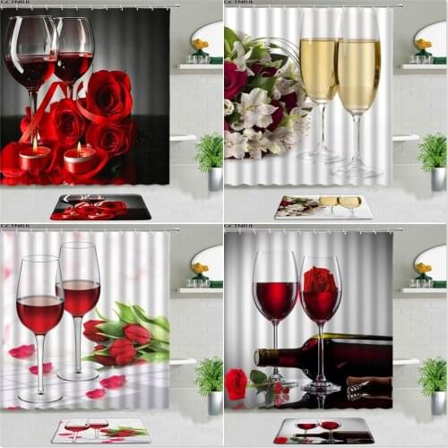 2PCS Red Wine Rose Flower Printed Shower Curtains Valentines Day Decoration Fabric Bathroom Decor Set Bath Mat Non-slip Rugs