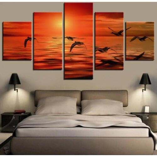 5 Pieces Sunset Glow Canvas Oil Painting Birds Wallpapers Seagull Posters Migrate Pictures Animal For Home Living Room Decor Art