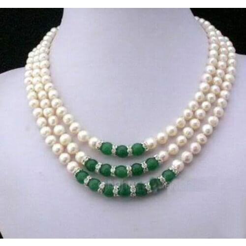 Exclusive design Fine Jewelry 3Rows 6-7MM Real White Akoya Cultured Pearl & Green Jade Pendants necklace