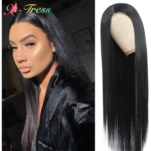 Smooth Long Straight Black Hair Wig Middle Part Lace Wigs for Black Women X-TRESS Natural Synthetic Wig Small Area Lace Part Wig