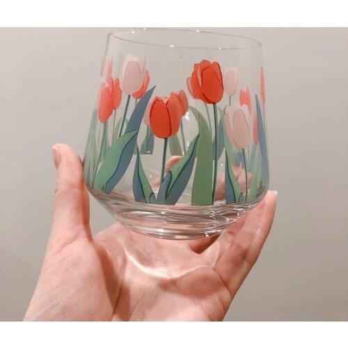 Ins wind printing tulip glass hand-painted flower cup transparent glass milk cup coffee cup home net red water cup