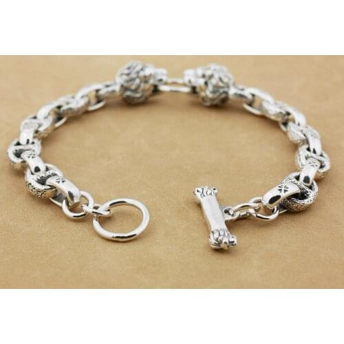 LINSION 925 Sterling Silver King Lion Chain Mens Biker Rock Punk Bracelet 8G011