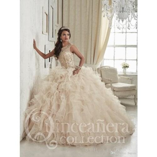 Linyixun Champagne Quinceanera Dresses 2020 Ball Gowns Scoop Beaded Crystal Embroidery Sweet 16 Dress Vestidos De 15 Anos