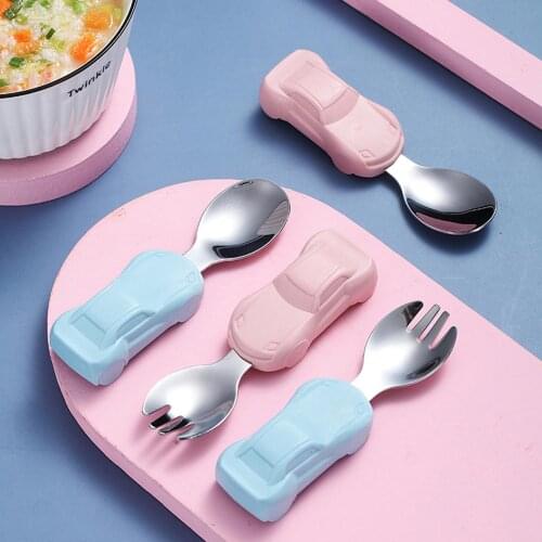 Stainless Steel Short Car Handle Baby Feeding Spoon Eat Training Fork Tableware Utensil Dishware Flatware Baby Kids Cutlery