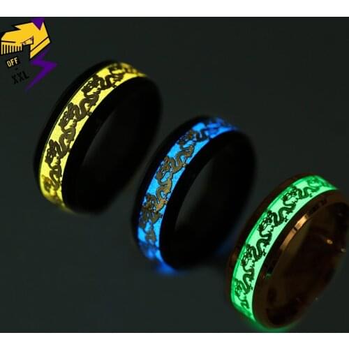 Trendy Glow in the Dark Rings Blue Yellow Green Luminous Stainless Steel Wedding Band Ring for Men Women Christmas Gifts Jewelry
