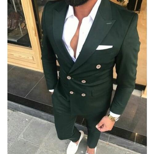 Fashion Green Double Breasted Men Suits for Wedding Prom Custom Groom Slim fit Tuxedos Man Costumes Set Jacket with Pants
