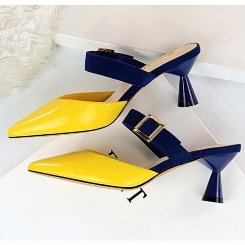 New Style Summer Women 6cm Low High Heels Mules Shales Slides Casual Yellow Strange Heels Slippers Sexy Vogue Green Shoes