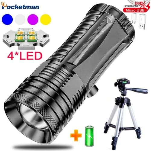 New 4 Light Sources Blue Light/White Light/Purple Light/Yellow Light 4 LED Fishing Flashlight Waterproof USB Torch with Bracket