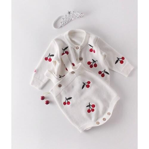 Newborn Baby Girls Cherry Pattern Knit Romper Cartigan Optional