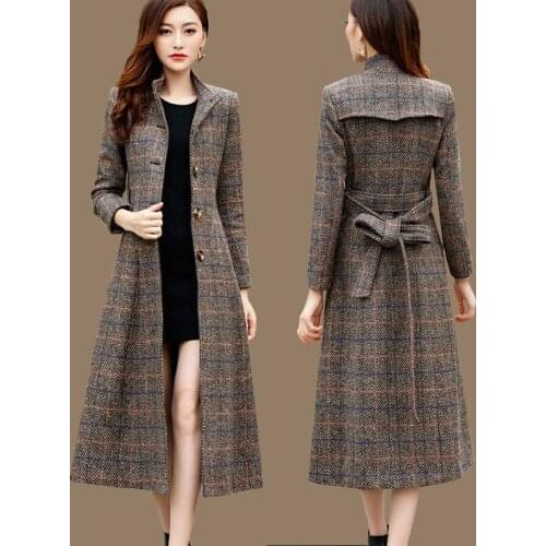 Middle age clothing Woolen coat female New Autumn Winter Long sleeve Plaid woolen coats fashion Windbreaker long Outerwear 3xL