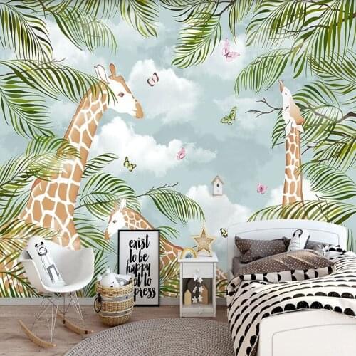 Custom Mural Wallpaper 3D Cartoon Giraffe Green Leaves Background Wall Painting Childrens Bedroom Papel De Parede Infantil 3 D
