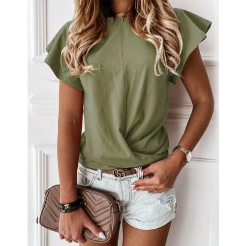 Ruffle Short Sleeve Solid Color O Neck T Shirt Women Plus Size Elegant Office Lady Tops Casual Loose Streetwear Tee Shirts