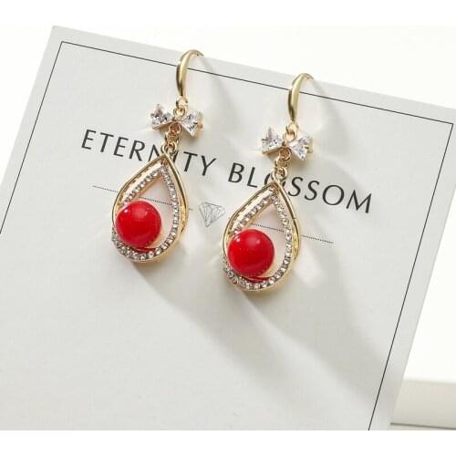Earrings Female Water Drop Red Beads 2021 New Trend Pearl Earrings Long Exquisite Pendant Women Elegant Round Jewelry Earring