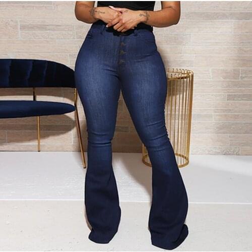 Blue Flare Jeans Women Fashion Strechy Buttons High Waist Bell Bottom Jeans Woman Vintage Skinny Denim Flare Pants Pantalones