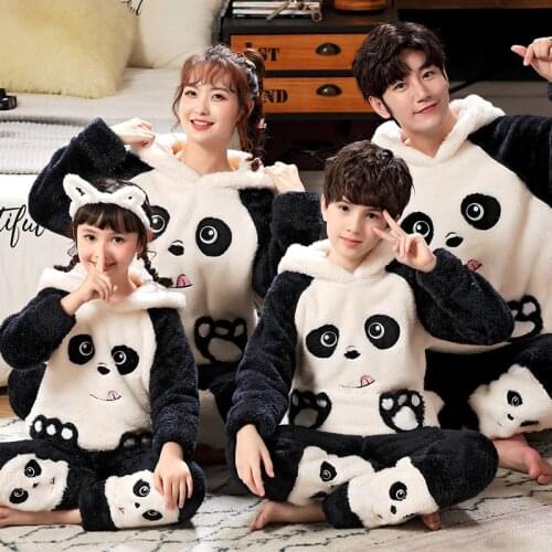Warm Parent-Child Pajama set Winter Flannel Pyjamas Thicken Plush Hoodie Long Sleeved Animal Panda Halloween Women Men Homewear