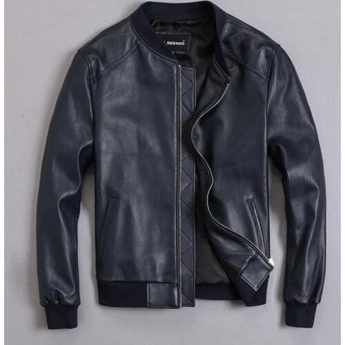 GU.SEEMIO factory Thickening jacket genuine leather clothing male slim sheep skin leather outerwear baseball uniform suit