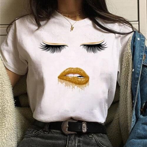 Gold Eyelashes Lips T-Shirt Women T Shirt Beauty 90s Aesthetic Tshirt Harajuku Female T-shirt Women Kawaii Top Tee Drop Shipping