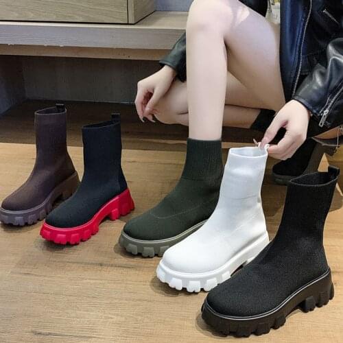 Big Size Fashion 2021 Women Boots Female Stretch Sock Ankle Short Booties Mesh Round Toe Shoes Med Heels Shoes Ladies Boots