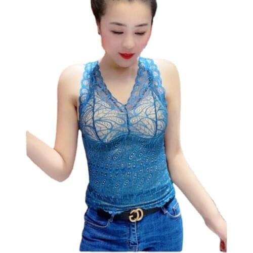 Women Padded Tanks Tops Sexy Hollow Out Lace Tanks Ladys Sleeveless Lace Camis Women Padded Vest Top