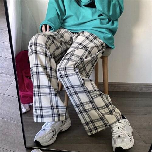 2020 summer new chic retro Hong Kong flavor net red plaid casual pants female high waist loose drape wide leg trousers