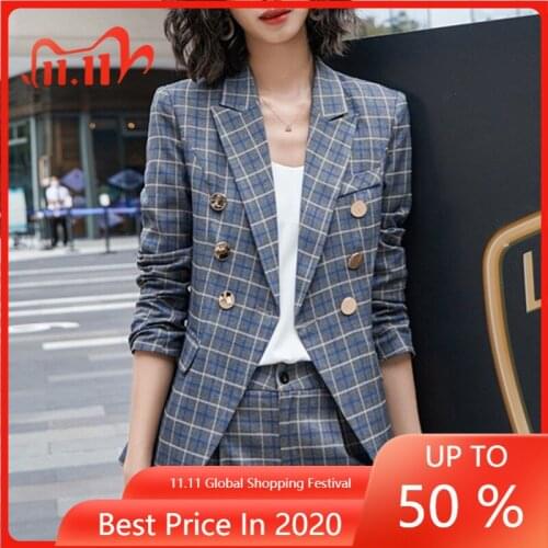 2020 Fashion Women Cothing Plaid Blazer And Jacket Double Breasted Long Sleeve Notched Collar Coat Autumn Winter Office Outwear