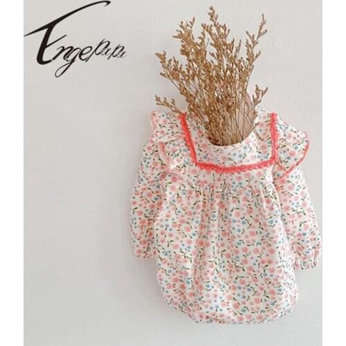 Engepapa 2021 Spring&Autumn Baby Girl Long Sleeves Floral Romper Jumpsuit Sweet Wrinkle Princess Round Cotton Outfits Clothes