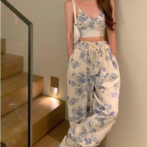 Summer Suit 2021 Sexy floral Two Piece top pant Set Women Korean Casual High Street elegant Mini Top +Long Wide Leg Pants