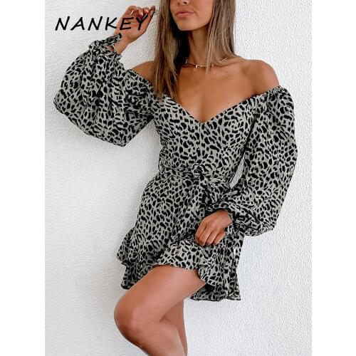 NANKEY Women Dress 2021 Spring Autumn Off Shoulder Beach Loose Short Dress Long Sleeve Casual Temperament Printing Dresses