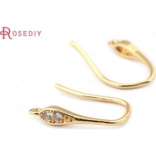 33777)6PCS Height 16MM 24K Gold Color Brass with Zircon Earrings Hooks High Quality Diy Jewelry Findings Accessories