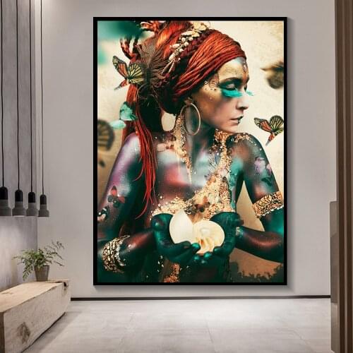 African Art Black and Gold Woman Painting Canvas Posters and Prints Scandinavian Wall Butterfly Art Picture for Living Room