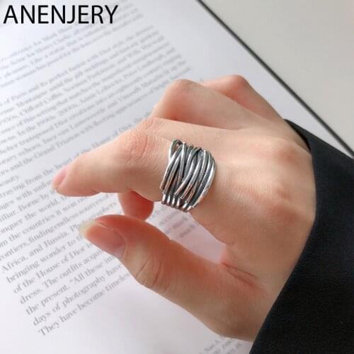 ANENJERY 925 Sterling Silver Mutil-layer Handmade Woven Twine Thai Silver Ring Adjustable Size Ring For Women Jewelry S-R600