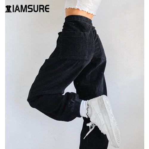 IAMSURE Balck Loose Corduroy Joggers High Waisted Trousers Warm Elastic Waist Pants Casual Streetwear Female 2020 Winter Autumn