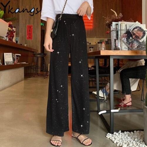 Womens Summer Trousers Elastic High Waist Wide Leg Pants Sequins Loose Female Korean Style Harajuku Baggy Pants for Women Casual