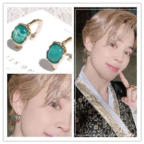 Kpop Bangtan Boys Jimin same Stud Earrings Gold Color Metal Trendy Retro Gemstone Earrings for Women Girls Korean Jewelry