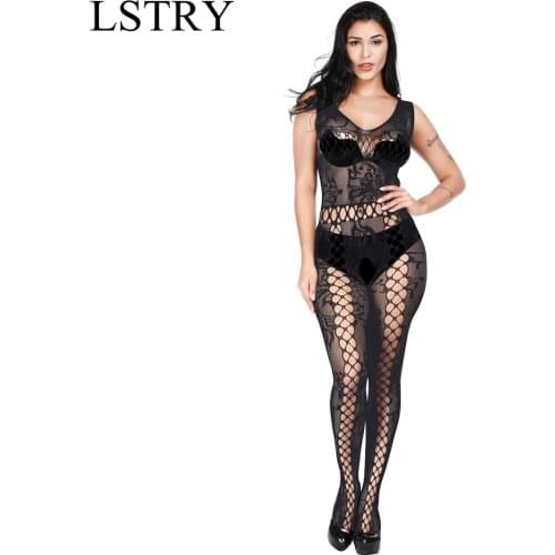 Lstry New Women Sexy Lingerie Open Hollow Stockings Fishnet Tights Transparent Pantyhose Long Stocking Sleepwear Jumpsuit Teddy