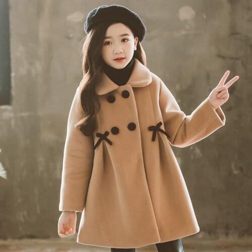 2021New Bowknot Girls' Winter Medium Length Lapel Coat Childrens Double-Sided Woolen Child Winter Coat Clothes For Teenagers