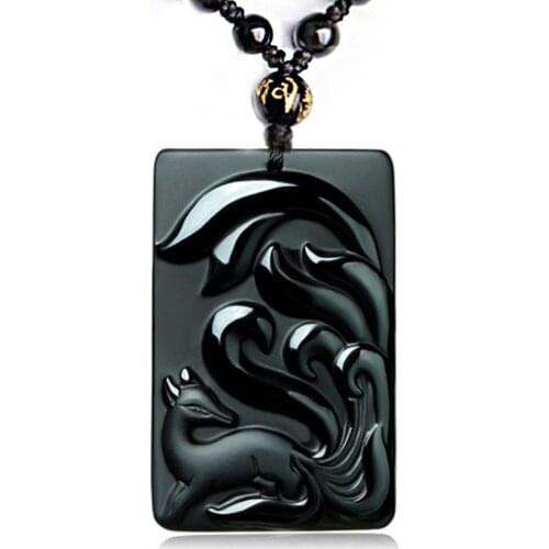 Black Obsidian Nine-Tailed Fox Necklace Pendant With Chain Drop Ship