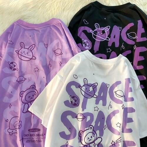 QWEEK Harajuku Kawaii Tshirts Oversized Cartoon Bear Space Short Sleeve Couple Tees Shirts Streetwear Casual Cotton Tops 2021