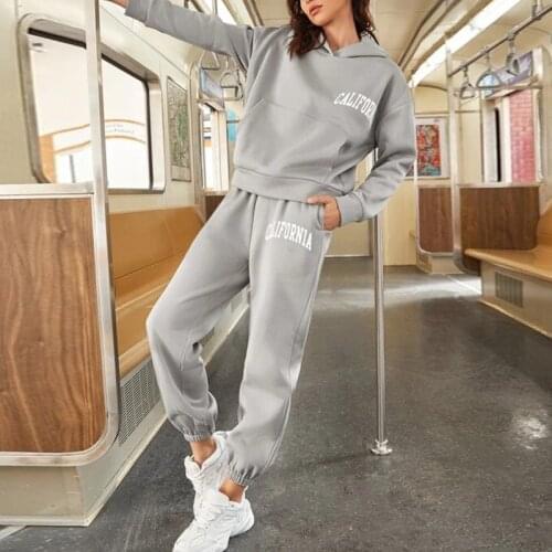 Letter Print Fleece Women Hoodie 2 Pieces Set Full Sleeve Hooded Top Jogger Long Sweatpant Womens Tracksuit Loose Casual Autumn