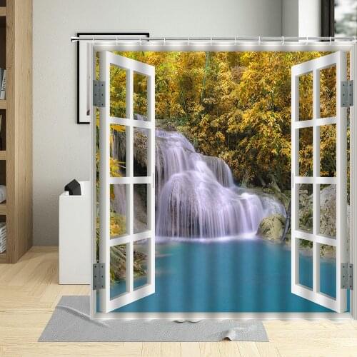 3D Window Shower curtain Landscape Fall Trees Waterfall Sunflower View Bathroom Home Decoration With hook Waterproof Washable
