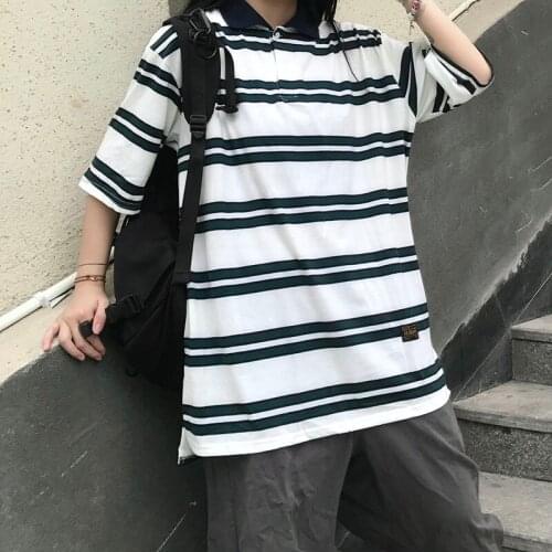 Harajuku Hip-Hop American Striped Polo Short Sleeve T-Shirt Female Couple Kpop Grunge y2k Emo Tee Urban Top Aesthetic Clothing