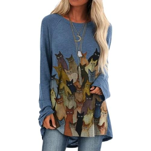 2021 New Spring Tops Oversized Women Cat Print T Shirt Long Sleeve O-Neck Loose Plus Size Top Casual Fashion Ladies Tee Clothes
