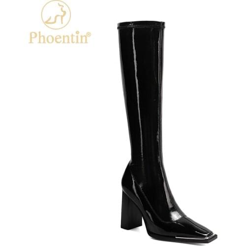 Phoentin black knee high womens boots leather designer shoe slim womens shoes rock square toe zip closure high heels FT1097