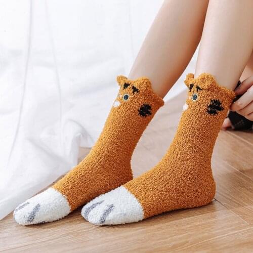 Coral Fleece Socks Womens 3D Cartoon Embroidery Japanese Cute Lucky Cat Thicken Fleece warm thick Towel Sleeping Womens Socks