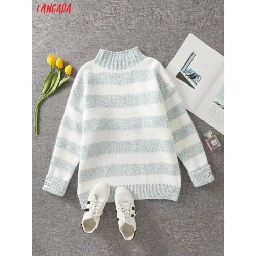 Tangada 2021 Chic Women Striped Warm Thick Turtleneck Sweater Vintage Ladies Knitted Jumper Tops 2J61