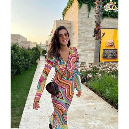 Boho Inspired LONG PRINT DRESS Women SELF-TIE V-NECK LONG SLEEVES SIDE SLITS chic dresses for women new streetwear autumn dress